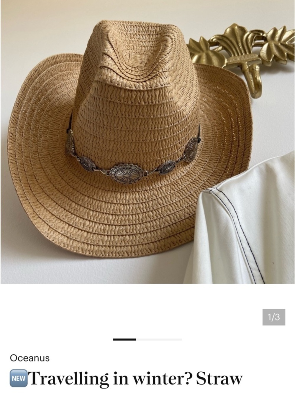 Straw like woven Western Hat with Concho Band - Tan - Picture 3 of 3